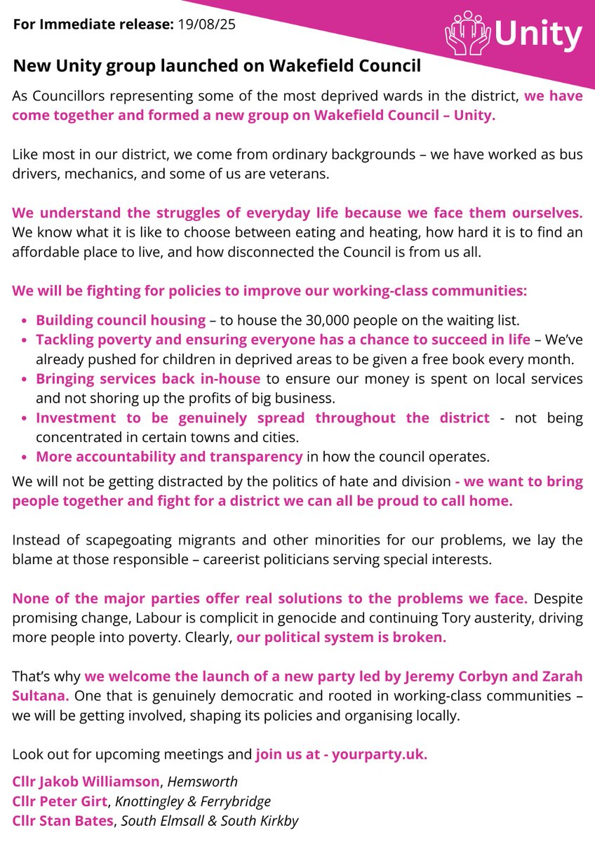 Jakob Williamson (@cllrjwilliamson) on Twitter photo We formed a new group on <a href="/MyWakefield/">Wakefield Council</a> Council.
Our political system is broken - mainstream parties & politicians are unwilling to tackle the problems we face.
We're working together to build an alternative, make politics work for us, and demand real change for our communities. We formed a new group on <a href="/MyWakefield/">Wakefield Council</a> Council.
Our political system is broken - mainstream parties & politicians are unwilling to tackle the problems we face.
We're working together to build an alternative, make politics work for us, and demand real change for our communities.