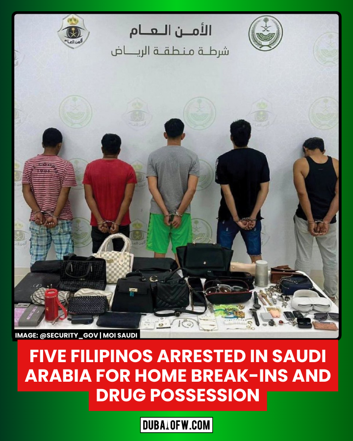 DubaiOFW's tweet photo. SAUDI ARABIA: Riyadh Region Police arrested five Filipino residents for allegedly breaking into homes and stealing personal belongings, with methamphetamine (sh4bv) also seized during the operation.
https://t.co/D6zBnz31Py

#saudiarabia https://t.co/iOp0oNnUmt
