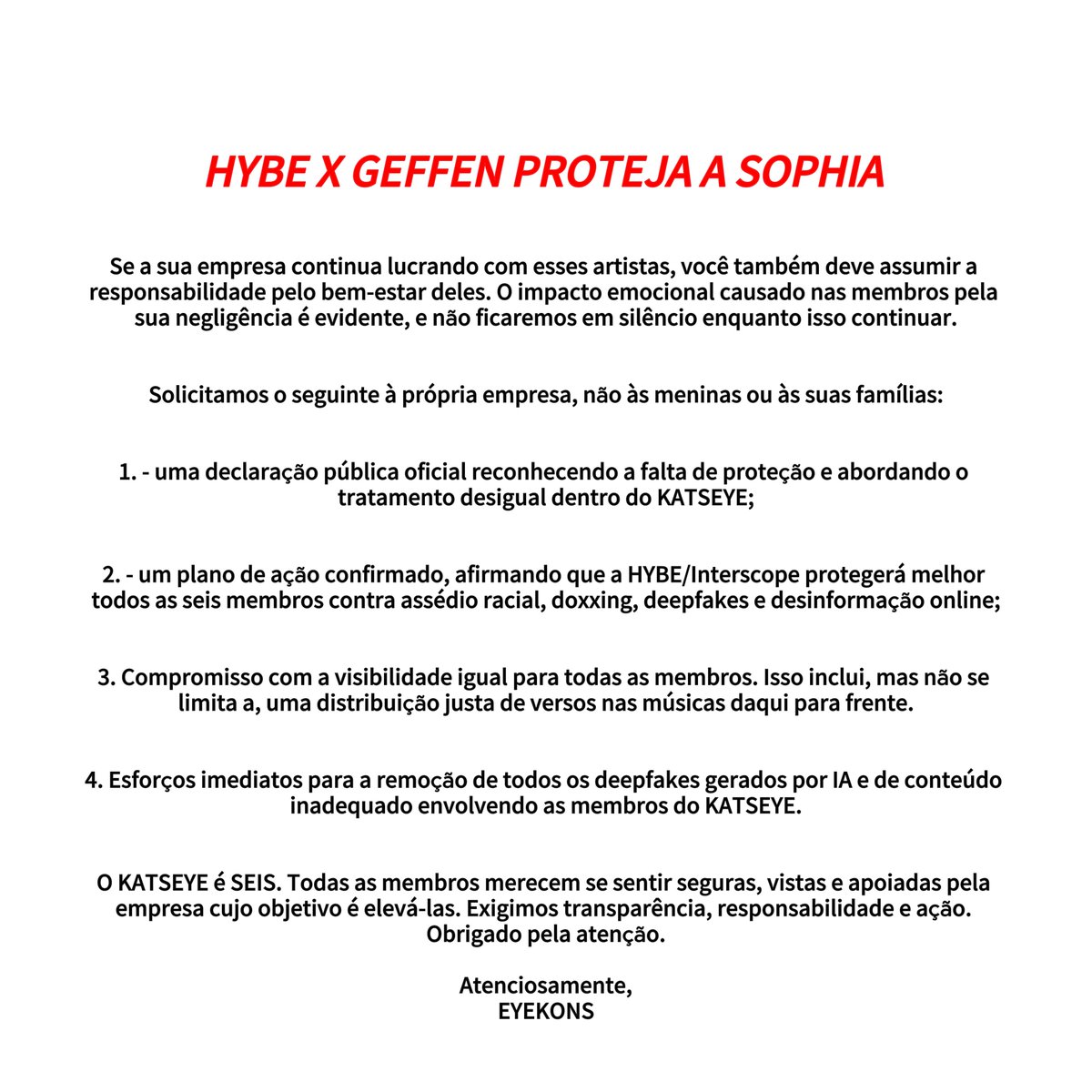 acervo katseye (@katseyeacerv) on Twitter photo Devido aos últimos acontecimentos em relação a Sophia, um template foi preparado para levar à atenção da empresa no seguinte e-mail:
📧 hbaprivacy@hybecorp.com
Na sequência, deixaremos o modelo que será enviado!
Mahal ka namin Sophia! ⚓️
#BestLeaderphia
#PROTECTSOPHIA Devido aos últimos acontecimentos em relação a Sophia, um template foi preparado para levar à atenção da empresa no seguinte e-mail:
📧 hbaprivacy@hybecorp.com
Na sequência, deixaremos o modelo que será enviado!
Mahal ka namin Sophia! ⚓️
#BestLeaderphia
#PROTECTSOPHIA
