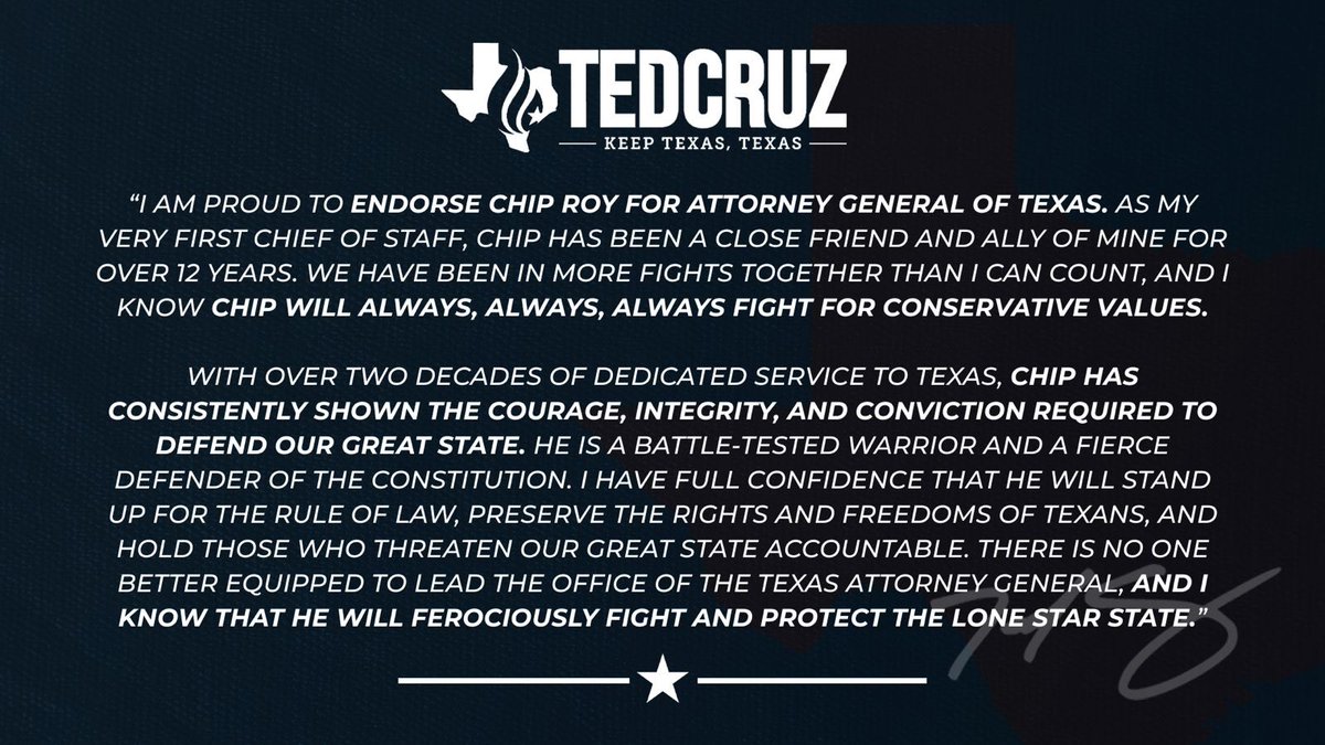 STATEMENT: Sen. Cruz Endorses Chip Roy for Texas Attorney General 

tedcruz.org/sen-cruz-endor…