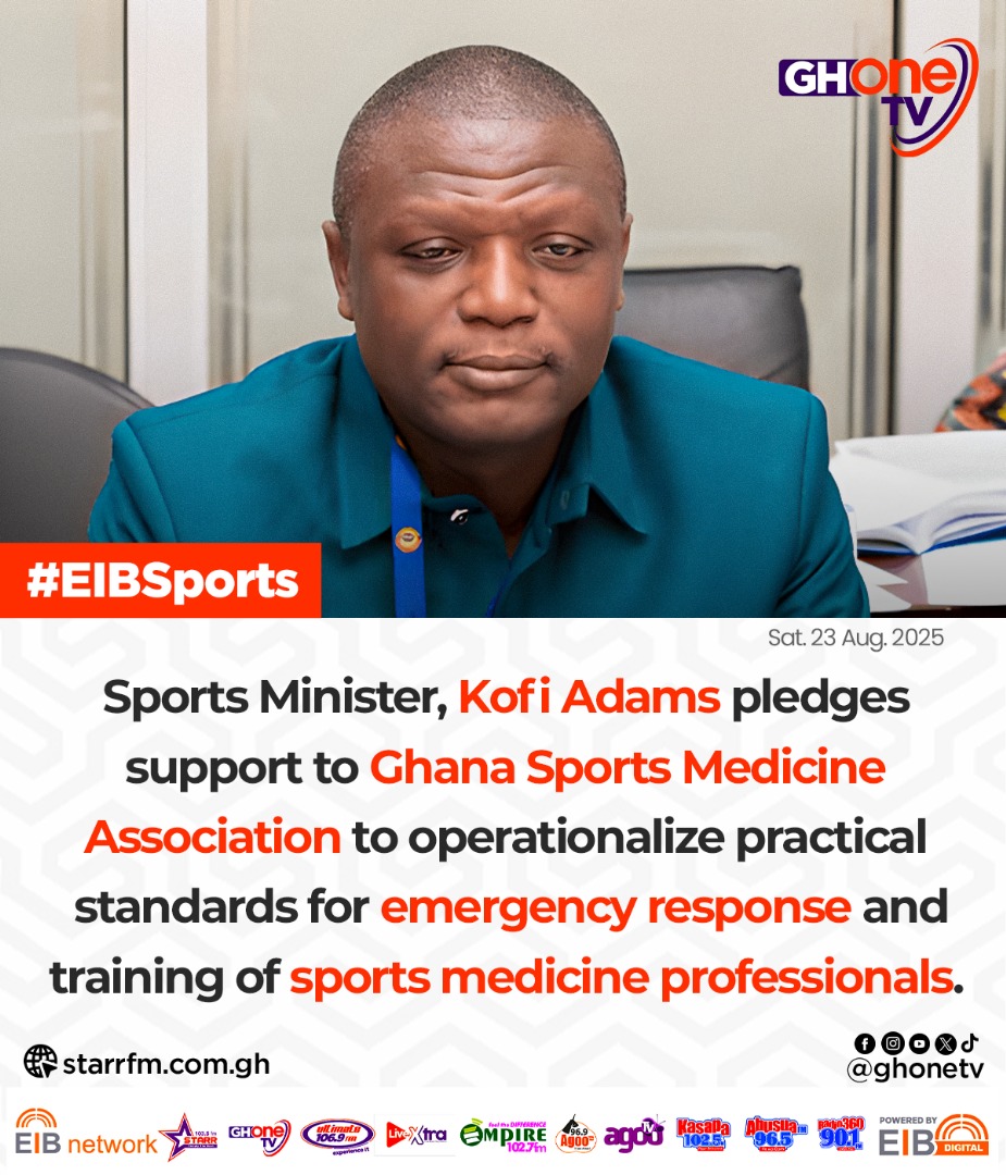Sports Minister, Kofi Adams pledges support to Ghana Sports Medicine Association...

#EIBSports
#GHOneNews #EIBNetwork
#GHOneTV #NewsAlert