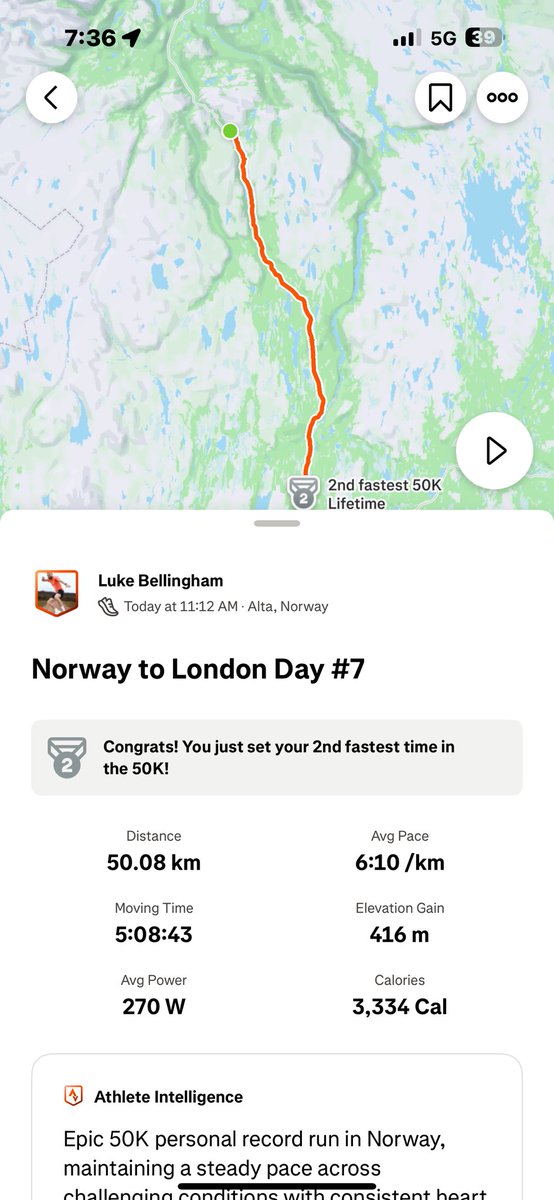 Norway to London Day #7
50.08km

One week in and we’re still alive! Day started off great and for 15km I even managed to run in shorts and a t shirt rather than 20 layers. 
Nothing stays consistent though, so after 30km the rain decides to play games