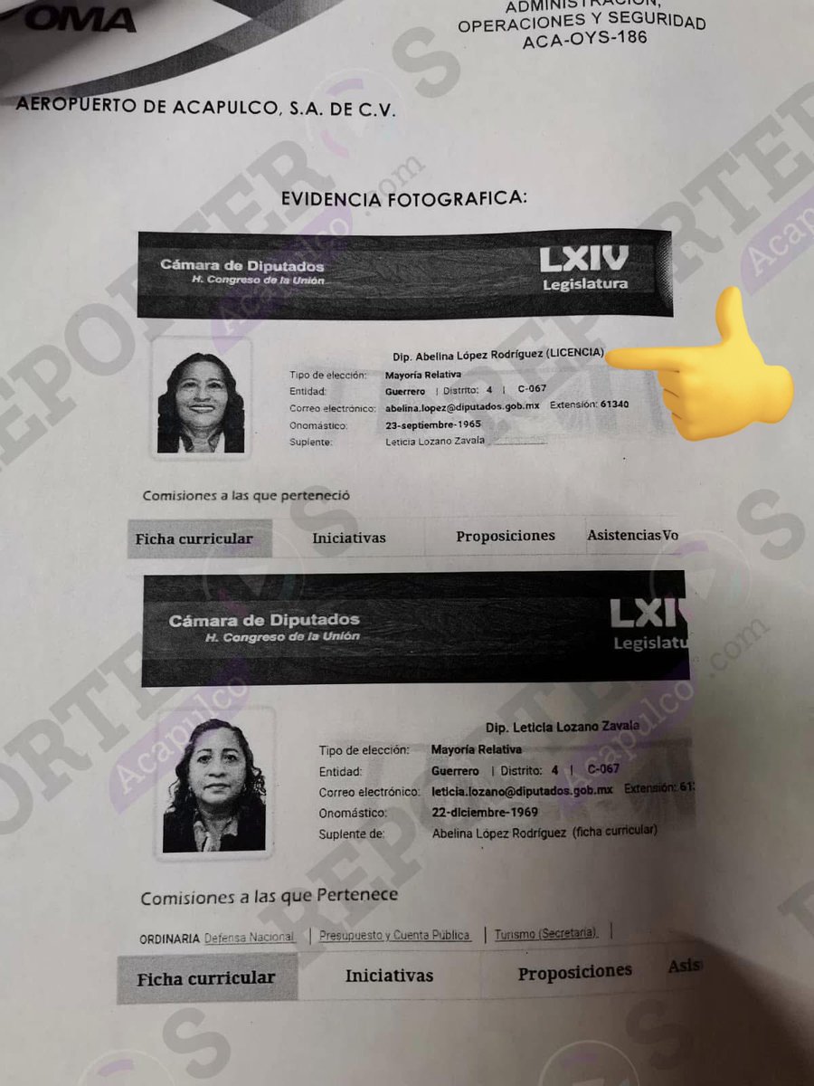 Jorge Garcia Orozco (@jorgegogdl) on Twitter photo La presidenta Municipal de Acapulco, Abelina López le dijo "Cómo me vas a tocar hijo de tu puta madre, que no sanes quien soy yo, soy la presidenta municipal', a un oficial del aeropuerto de Acapulco que le realizó una revisión de seguridad.
Revela documento de <a href="/OMAeropuertos/">OMA Aeropuertos</a> La presidenta Municipal de Acapulco, Abelina López le dijo "Cómo me vas a tocar hijo de tu puta madre, que no sanes quien soy yo, soy la presidenta municipal', a un oficial del aeropuerto de Acapulco que le realizó una revisión de seguridad.
Revela documento de <a href="/OMAeropuertos/">OMA Aeropuertos</a>