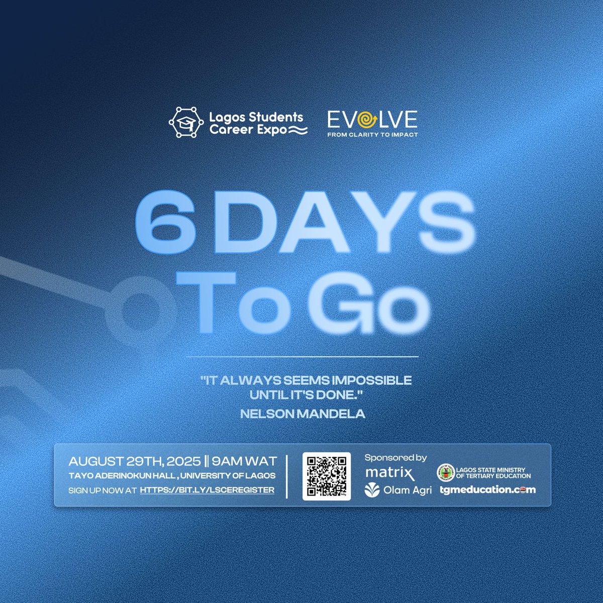 LSCE 2.0 is in 6 Days 

📅 Date: August 29,
🕜 Time : 9AM WAT
📍 Venue: UNILAG
_____________________
Register here:
bit.ly/LSCEregister
Already Registered?
Join the community for exclusive event updates and perks: bit.ly/4fqVPIP