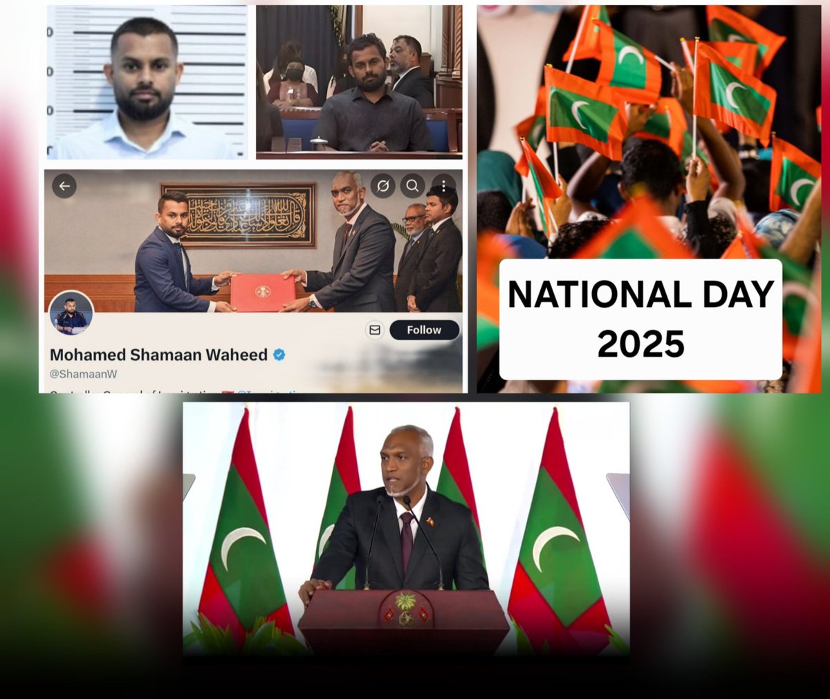 <a href="/hadhoo/">Hidhfa Faiz</a> <a href="/MMuizzu/">Dr Mohamed Muizzu</a> <a href="/min_mohst/">Minister of Homeland Security & Technology</a> NATIONAL DAY AND EVERY OTHER DAY COUNTING IN THE ARBITRARY DETENTION!

National Day, Independence Day, Republic Day, Martyrs' Day, and Victory Day—we are celebrating in our nation, along with the very people who are keeping <a href="/ShamaanW/">Mohamed Shamaan Waheed</a> in jail in this 21st century; without a fair
