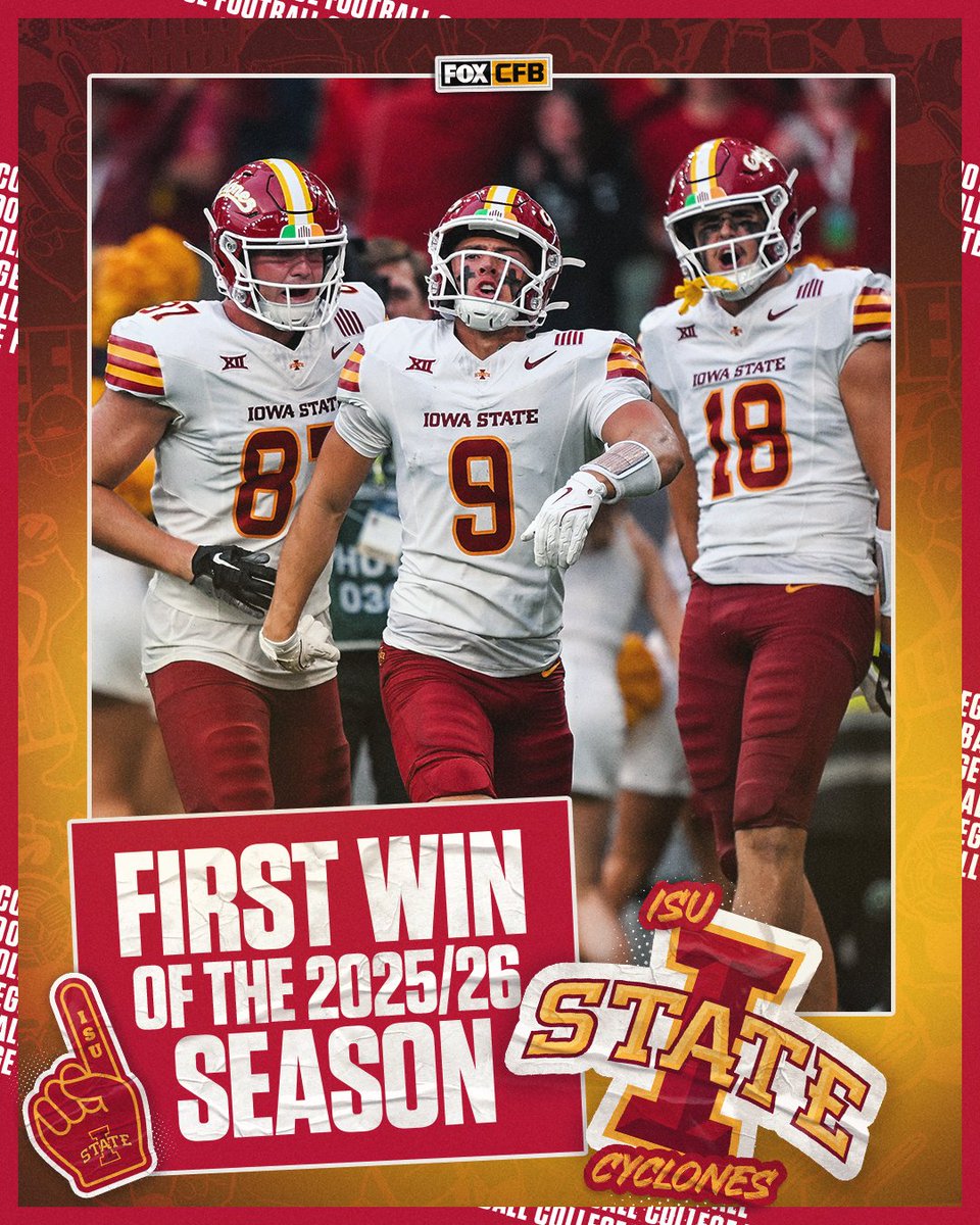 FOX College Football (@cfbonfox) on Twitter photo THE CYCLONES TAKE THE WIN IN DUBLIN 🌪️🔥
<a href="/CycloneFB/">Iowa State Football</a> takes down K-State to earn the very first win of the 2025-26 CFB season 👏 THE CYCLONES TAKE THE WIN IN DUBLIN 🌪️🔥
<a href="/CycloneFB/">Iowa State Football</a> takes down K-State to earn the very first win of the 2025-26 CFB season 👏