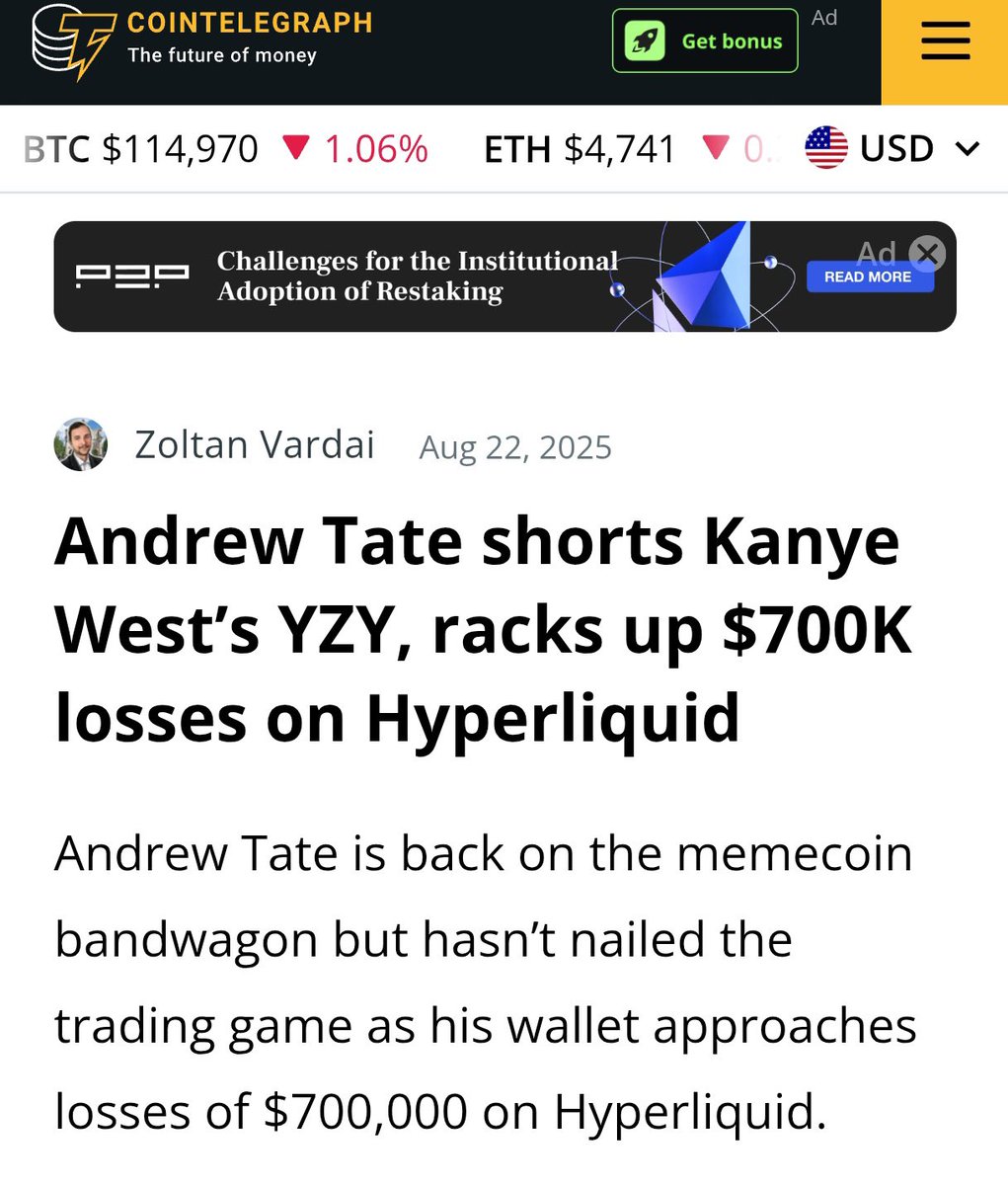 앤드루 테이트의 YZY 손실에 대한 CoinTelegraph 기사
