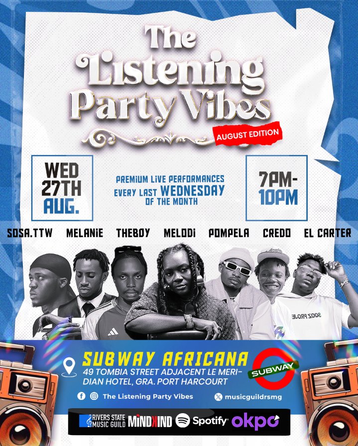 For those asking, “Where are the next stars coming from?” — the answer might just be: right here, right now, in Port Harcourt.

The next big thing might be performing at our next event.
Keep a date with us every last Wednesday at Subway Africana. GRA

#TheListeningPartyVibes
