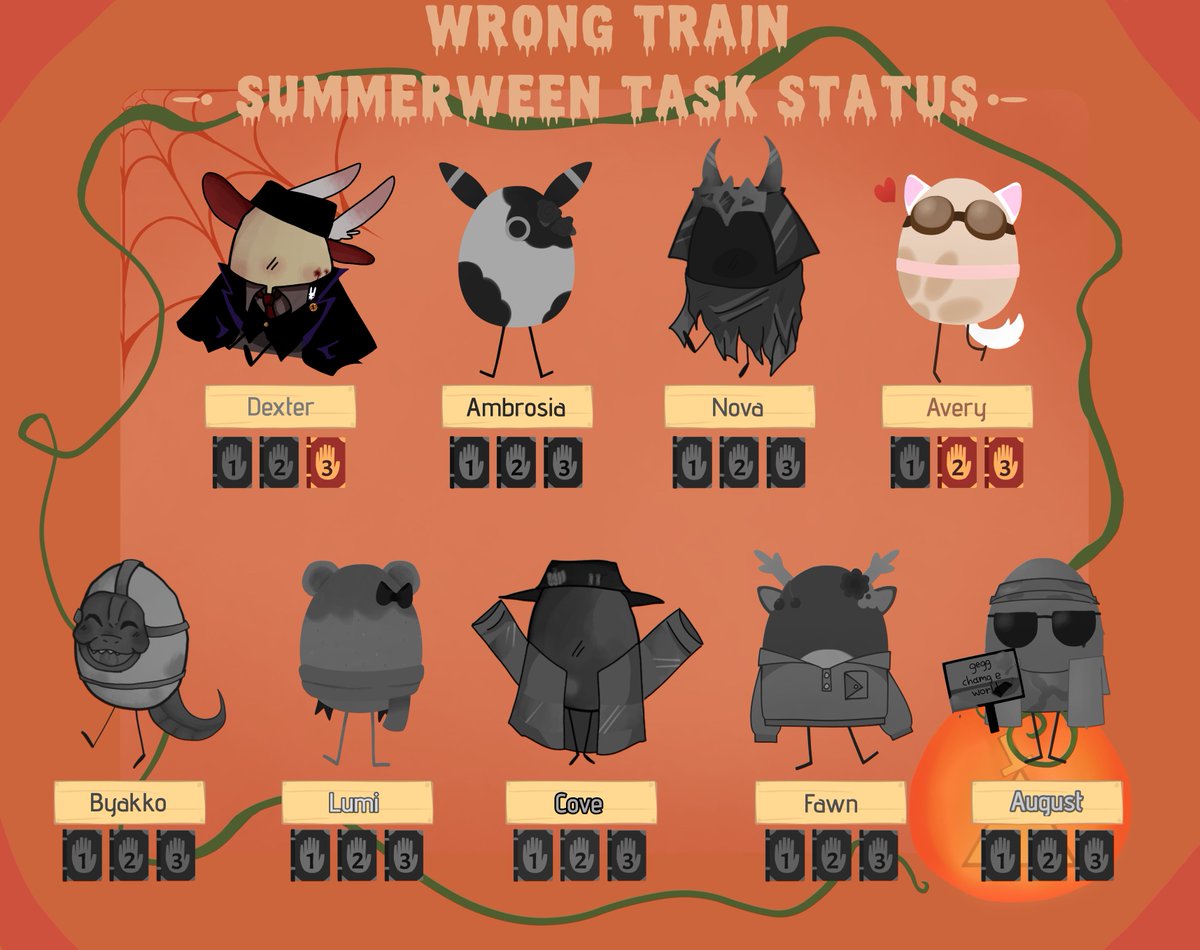 A lot of eggs have done their tasks!

Avery:
- Avery drowned (1/3)

Dexter:
- Dexter withered away (1/3)
- Dexter was slain by an Iron Golem (2/3)

Byakko:
- Byakko killed himself using magic (1/3)
- Byakko was melted by Acid (2/3)
- Byakko was slain by a Vindicator (3/3)