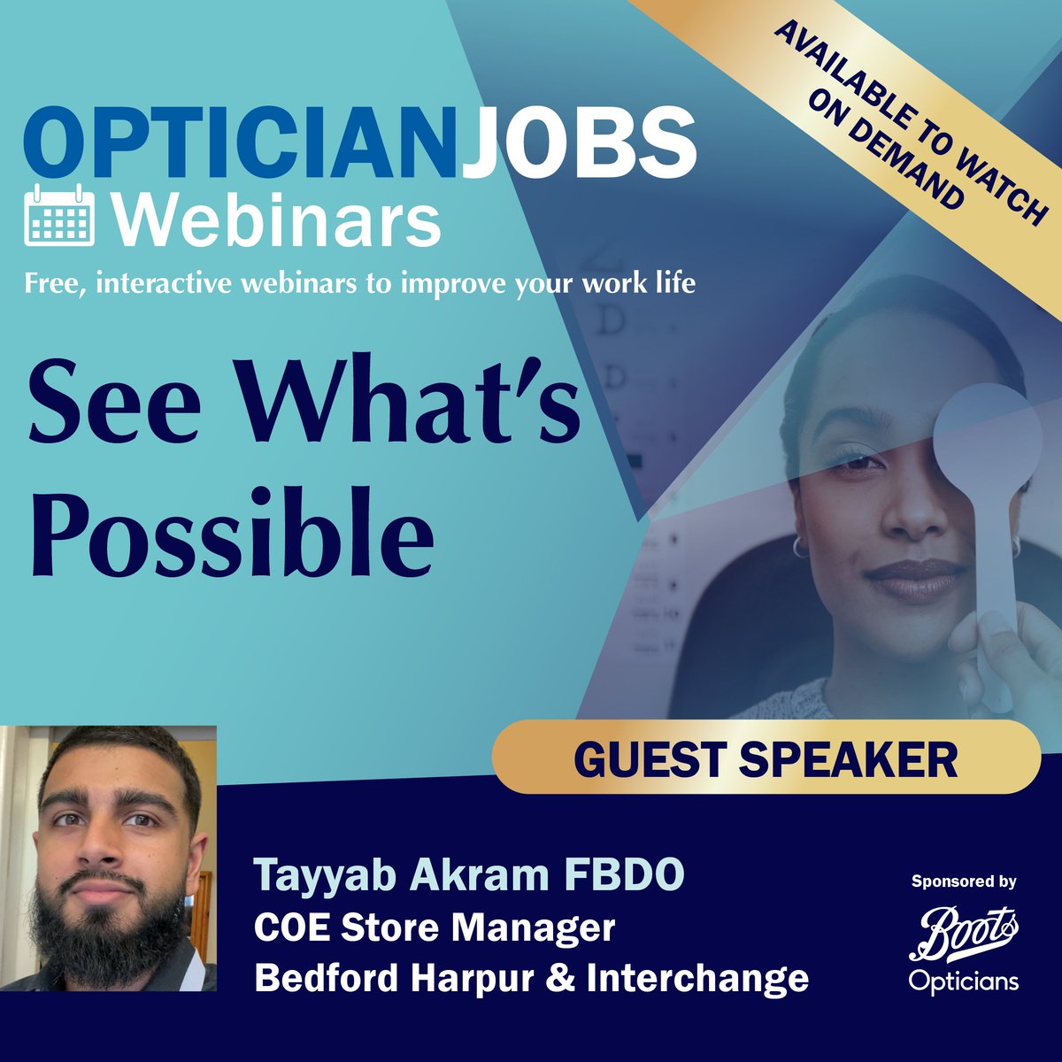 opticianonline's tweet image. Could this be your story?

From Saturday staff at 16 to dual-store manager &amp;amp; Optometry trainee, Tayyab Akram FBDO shows what’s possible with the support of #BootsOpticians 🤝

📽️ Watch the webinar on demand: ow.ly/kuIE50WIcYV

#OpticianJobs