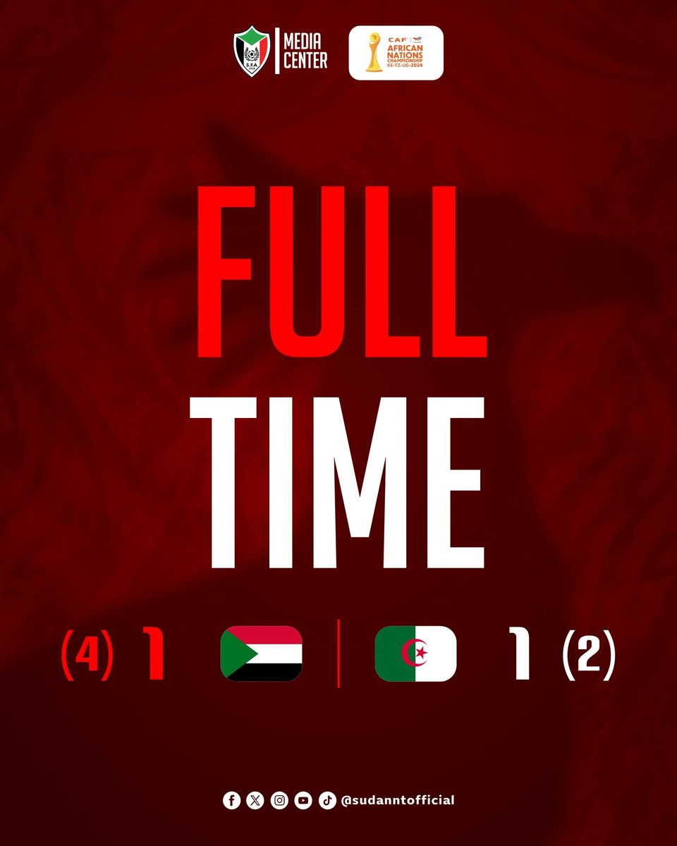 🔴#عاجل 
مبروك لصقور الجديان التأهل

 ركلات الترجيح 

السودان 4 🇸🇩🇸🇩
الجزائر 2