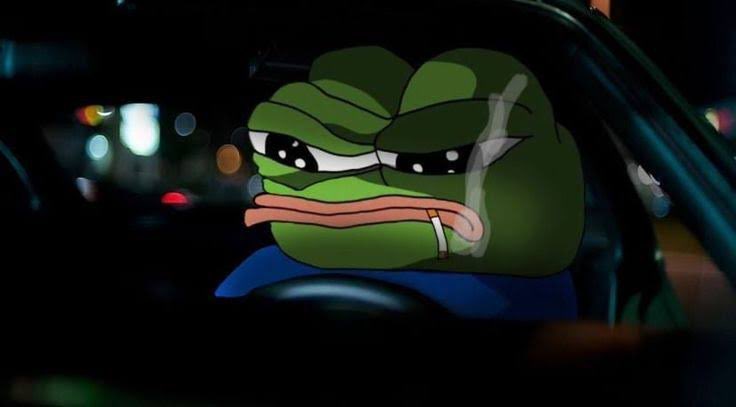Pepe the Frog smoking in a car, representing crypto market anxiety