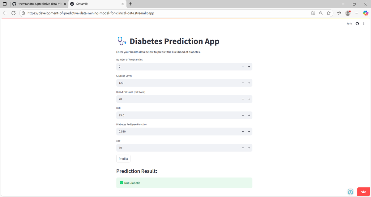 themrandroid's tweet photo. I also built a predictive data mining model for clinical data.

From diabetes prediction to explainable association rules, the model identifies high-risk profiles &amp; supports smarter healthcare decisions. 

I rounded it by deploying via Streamlit for easy use. https://t.co/3pAISngf2c