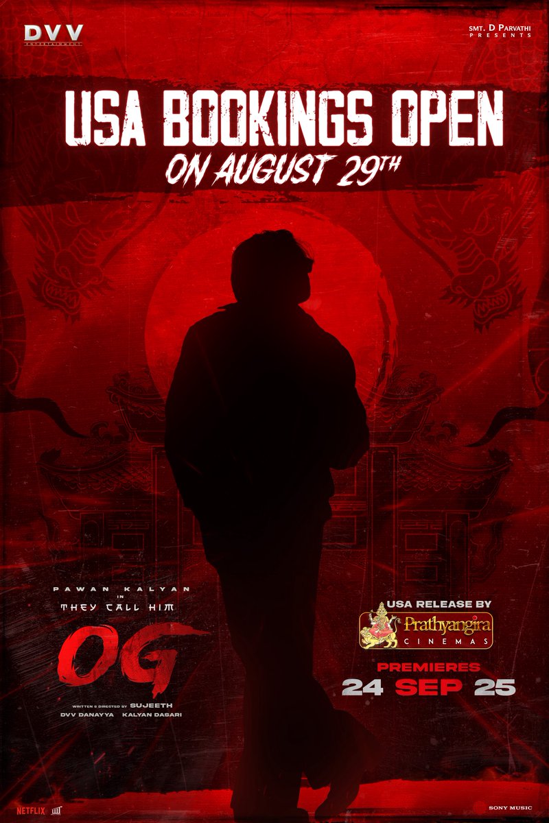 Prathyangira Cinemas (@prathyangiraus) on Twitter photo #OG is all about celebrating the man we all adore.
An ocean of love is set to flood the bookings kicking off from August 29th… 🔥
Stay tuned to <a href="/PrathyangiraUS/">Prathyangira Cinemas</a> for more updates.
#TheyCallHimOG <a href="/DVVMovies/">DVV Entertainment</a>
#OGUSABookings #OG is all about celebrating the man we all adore.
An ocean of love is set to flood the bookings kicking off from August 29th… 🔥
Stay tuned to <a href="/PrathyangiraUS/">Prathyangira Cinemas</a> for more updates.
#TheyCallHimOG <a href="/DVVMovies/">DVV Entertainment</a>
#OGUSABookings