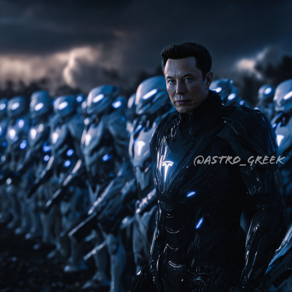 astro_greek's tweet image. Elon with his army of Optimus