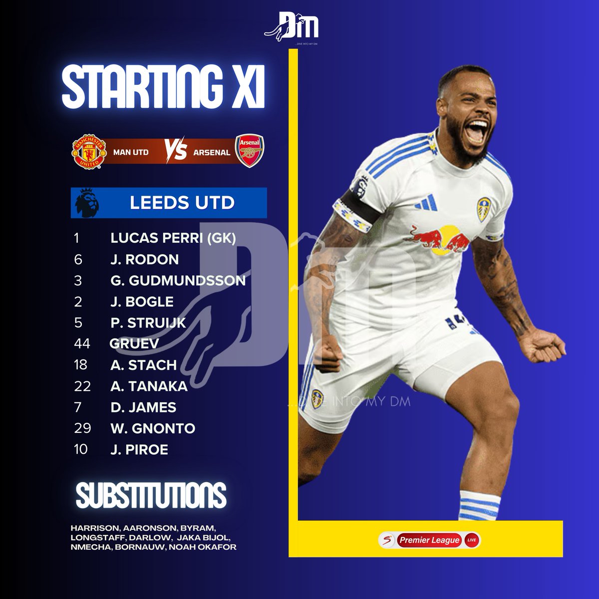 Sawadinho1's tweet image. ARSENAL v LEEDS UNITED - Starting XI

#ARSLEE #PidginCommentary