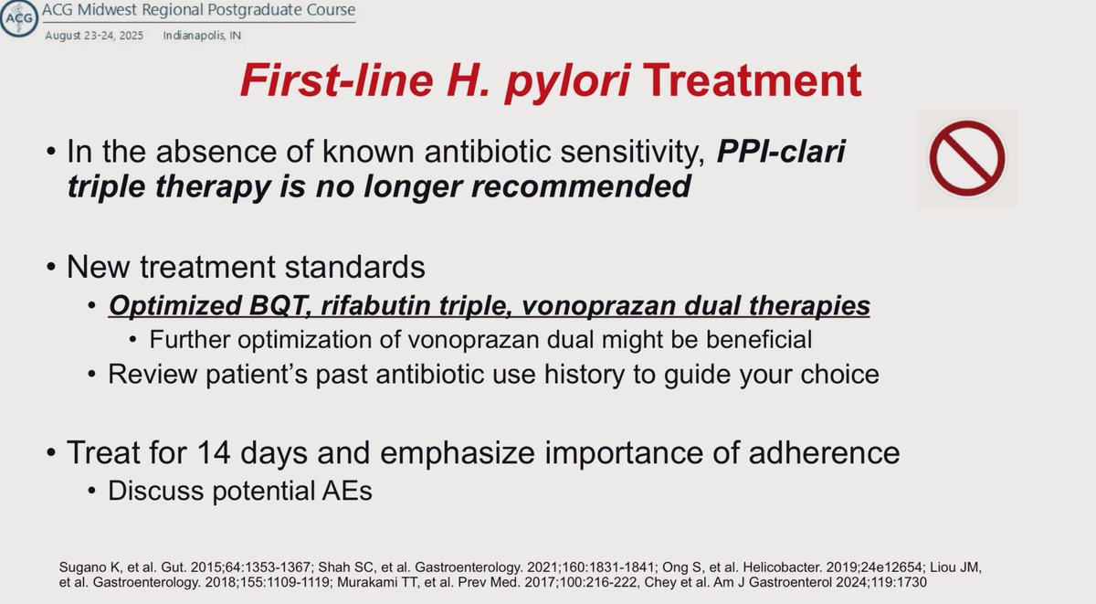 At #ACGMWRegional, <a href="/umfoodoc/">William Chey</a> with 🔑 #Hpylori points:

💠When to test/who to treat for HP - SINGLE decision

💠PPI-clarithro triple tx NOT indicated w/o known antibiotic sensitivity

💠Ensure 14 days tx, high-dose acid suppress, adequately dose meds, adherence

<a href="/AmCollegeGastro/">ACG</a>