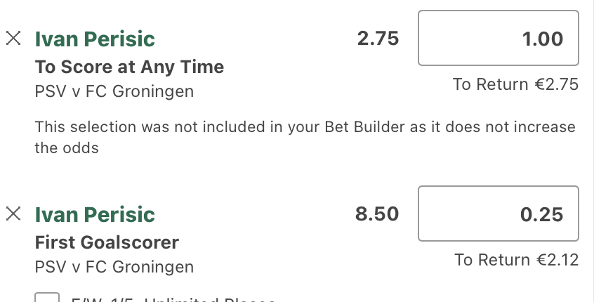 Taking these two goalscorer bets: 

Team news just got out, and Perisic will be playing up front for PSV tonight. Price is way out of range with current market prices too.

It's possible that Pepi will get subbed in later, so taking the first goalscorer too