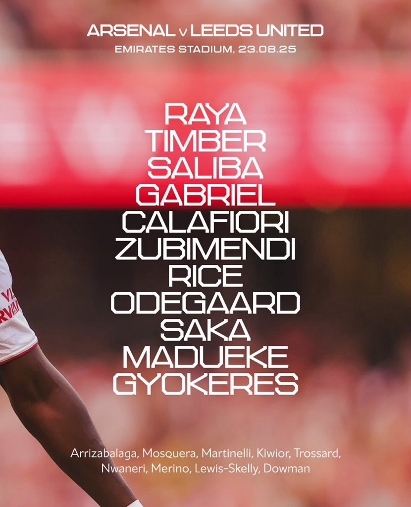 🚨 #Arsenal XI: Raya, Timber, Saliba, Gabriel, Calafiori, Zubimendi, Rice, Odegaard, Saka, Madueke, Gyokeres. 

Subs: Arrizabalaga, Lewis-Skelly, Mosquera, Kiwior, Merino, Nwaneri, Dowman, Martinelli, Trossard.