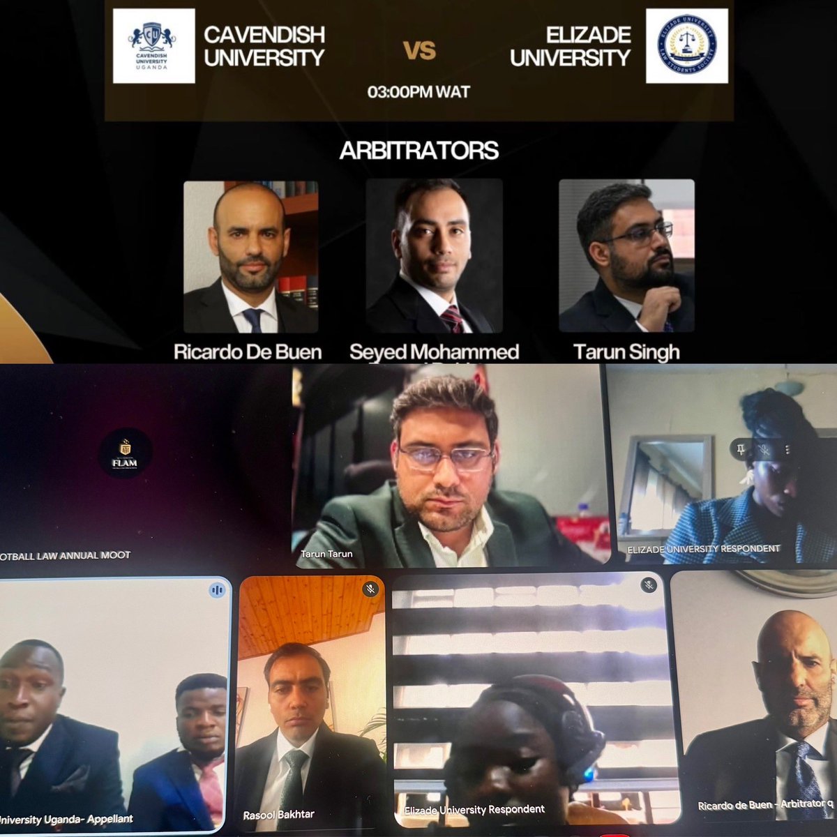 Un honor para <a href="/rdebuen/">Ricardo de Buen</a> ser Presidente de Panel, hoy en los 4os de Final del FOOTBALL LAW ANNUAL MOOT, con la participacion de universidades de África, en una audiencia en la que contendieron alumnos de la Universidad de Cavendish (ZAMBIA) y de la Universidad Elizalde (NIGERIA).