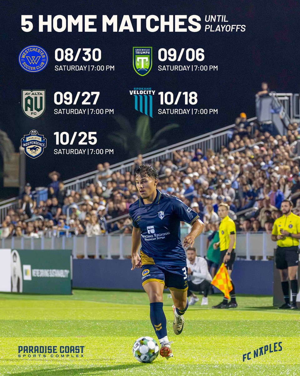 Let’s pack the house for the playoff push. 🔥

5️⃣ home matches left. 5️⃣ more chances to show up and show out. Naples, your support has been unmatched in our inaugural season. Now let’s turn it up for the final stretch. 

Get your tickets for our final home match in August NOW! 🎟