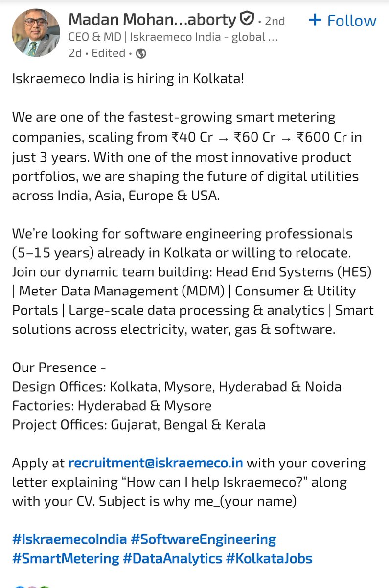 Job Opportunity in Iskraemco India.

#kolkata #newtown