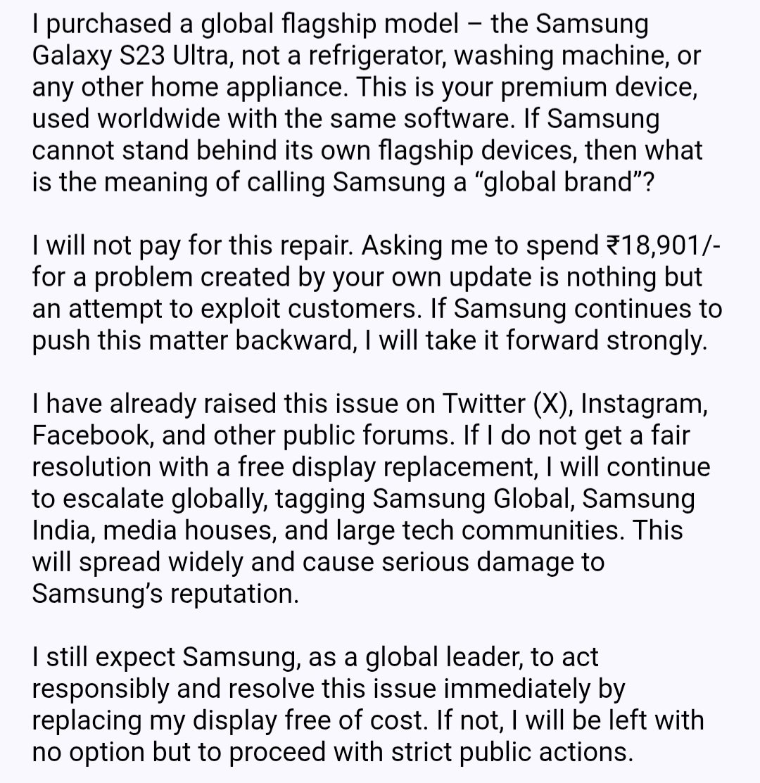 mkajmalm's tweet image. @SamsungMobile @SamsungIndia
Samsung asked me to pay just because my S23 Ultra is “international.” The green line came from Samsung’s global update. Stop blaming customers—take responsibility.

#Samsung #S23Ultra #GreenLineIssue,@SamsungCEO