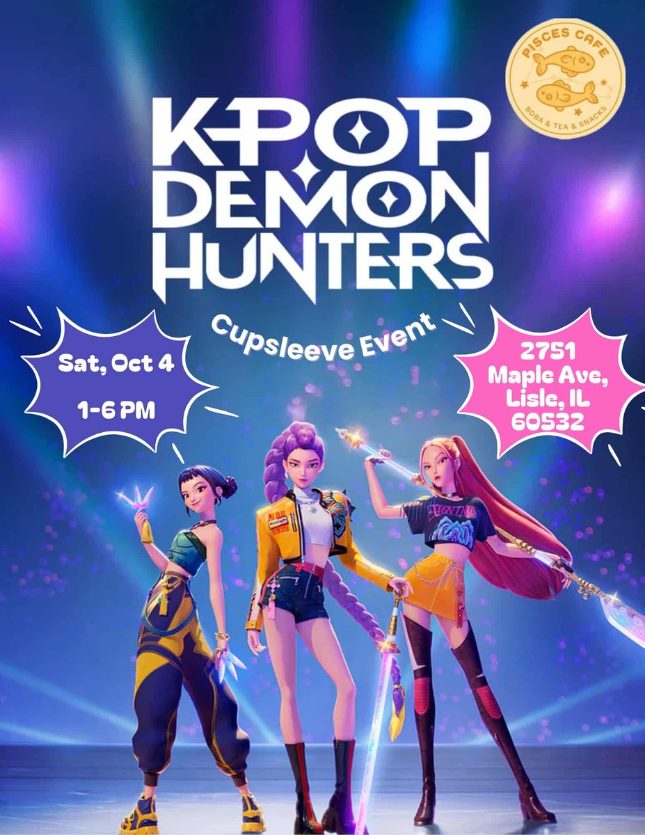 ✨️ KDH Cupsleeve Event ✨️

🗓️: Sat, October 4
⌚: 1-6pm
📍: Pisces Cafe 
🚗: 2751 Maple Ave, Lisle, IL 60532 

💖 Cupsleeves &amp; freebies!
💖 Photo ops!
💖 Costume contest! 

Co-hosts: <a href="/bubblee_art/">Bubble E. Art</a> &amp; <a href="/andrea_goyao/">Andrea 💚❤️PTX❤️💚</a> 

More info coming soon! 🎉

DM us if any questions! ☺️