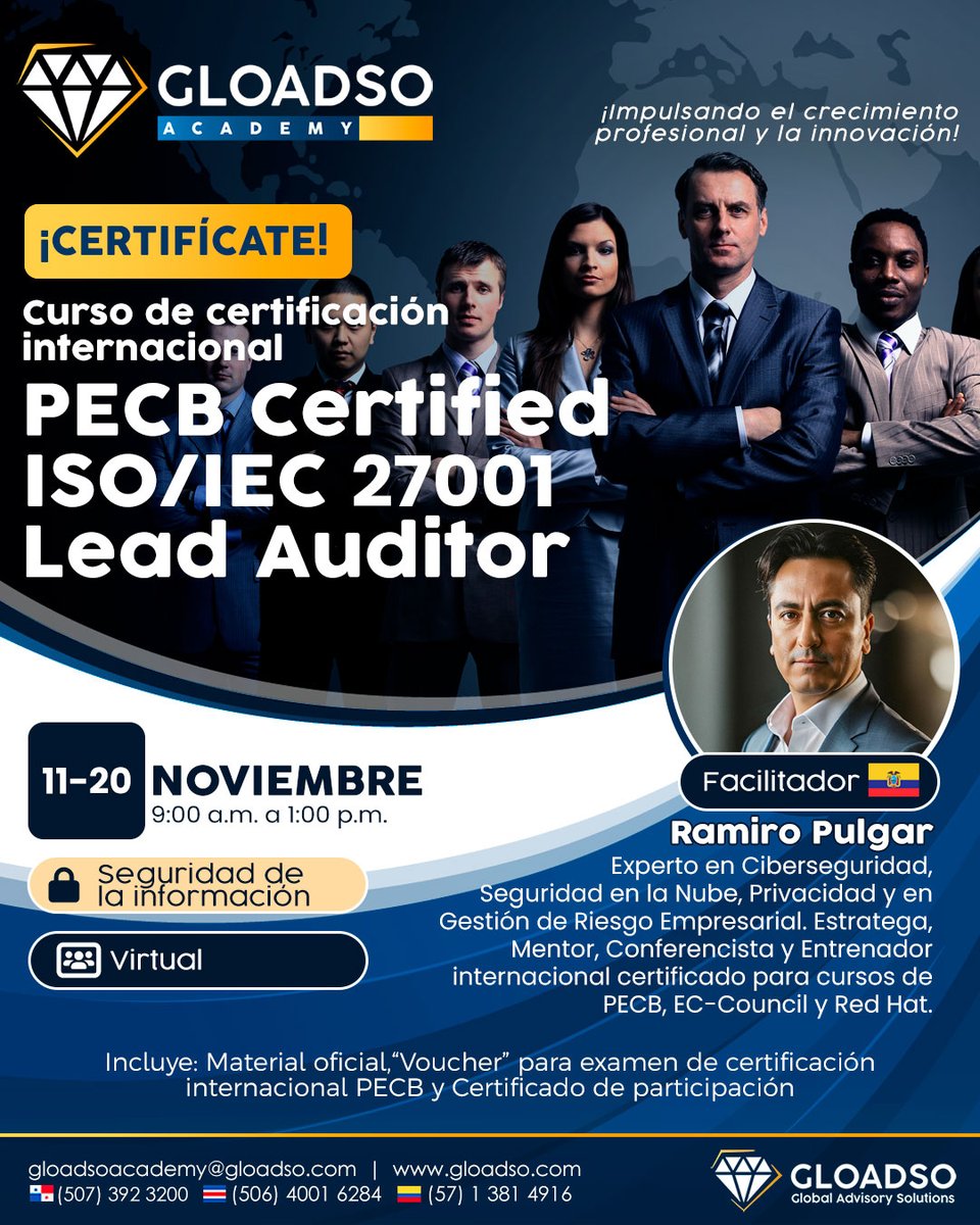 GLOADSO's tweet photo. Curso de certificación internacional ISO/IEC 27001 Lead Auditor. 11-20/nov. Virtual en vivo. Incluye: Material, sesiones con instructor certificado y “voucher” para el examen oficial y 31 creditos CPDS
Info.: https://t.co/lwos1cMkjo
#ISO27001 #LeadAuditor https://t.co/Ewzy1XLj1u