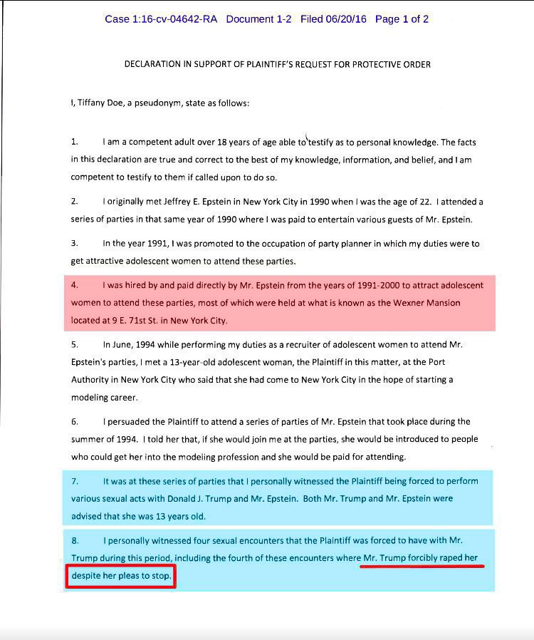 🇨🇦CoffeyTimeNews🇨🇦 (@coffeytimenews) on Twitter photo Tiffany Doe and Katie Johnson both testified under oath that <a href="/realDonaldTrump/">Donald J. Trump</a> raped Katie Johnson when she was 13.
Trump has used lawyers to fight his battles over 4200 times.
But he never sued Tiffany Doe or Katie Johnson.
Wonder why?
#TrumpPedoFiles Tiffany Doe and Katie Johnson both testified under oath that <a href="/realDonaldTrump/">Donald J. Trump</a> raped Katie Johnson when she was 13.
Trump has used lawyers to fight his battles over 4200 times.
But he never sued Tiffany Doe or Katie Johnson.
Wonder why?
#TrumpPedoFiles