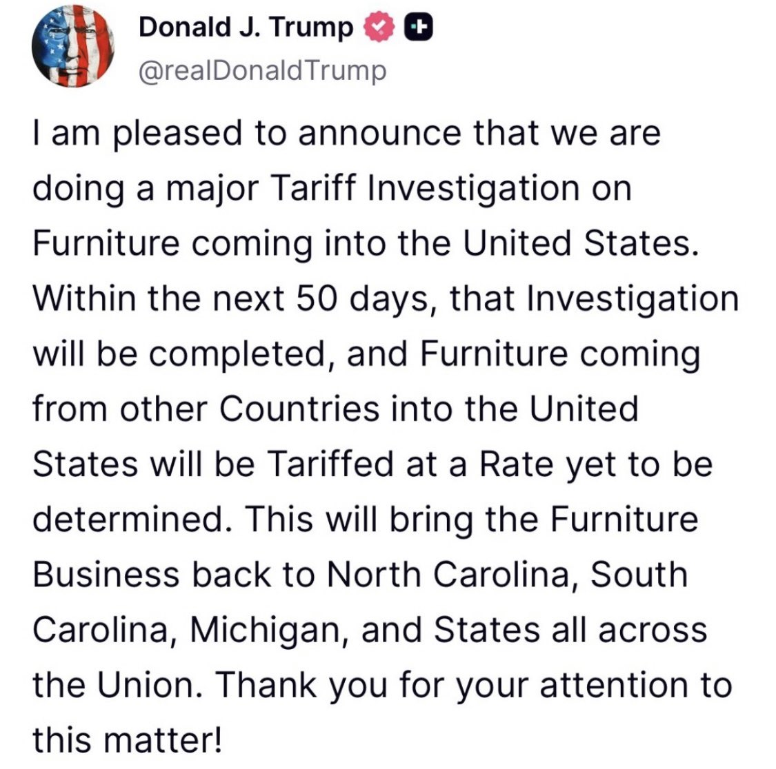 NORTH CAROLINA WILL ONCE AGAIN BE THE FURNITURE CAPITOL OF THE WORLD 🇺🇸🇺🇸🇺🇸 
Thank you President Trump 
#northcarolinastrong