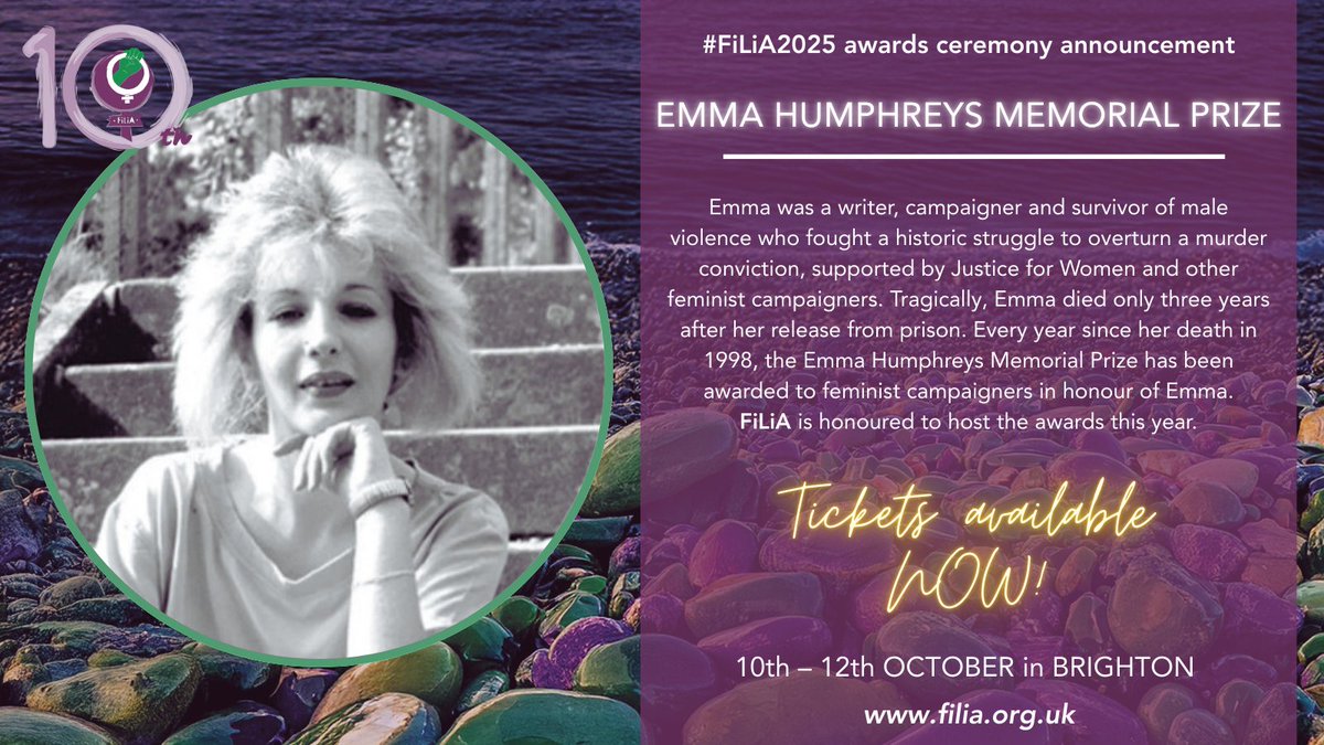 💥 #FiLiA2025 award ceremony 💥

Emma Humphreys – writer, campaigner &amp; survivor of #MVAWG. Since 1998, the Emma Humphreys Memorial Prize <a href="/centreWJ/">Centre for Women's Justice</a> has been awarded to #feminist campaigners in her memory &amp; we are honoured to host the awards this year.

🎟️ filia.org.uk/tickets