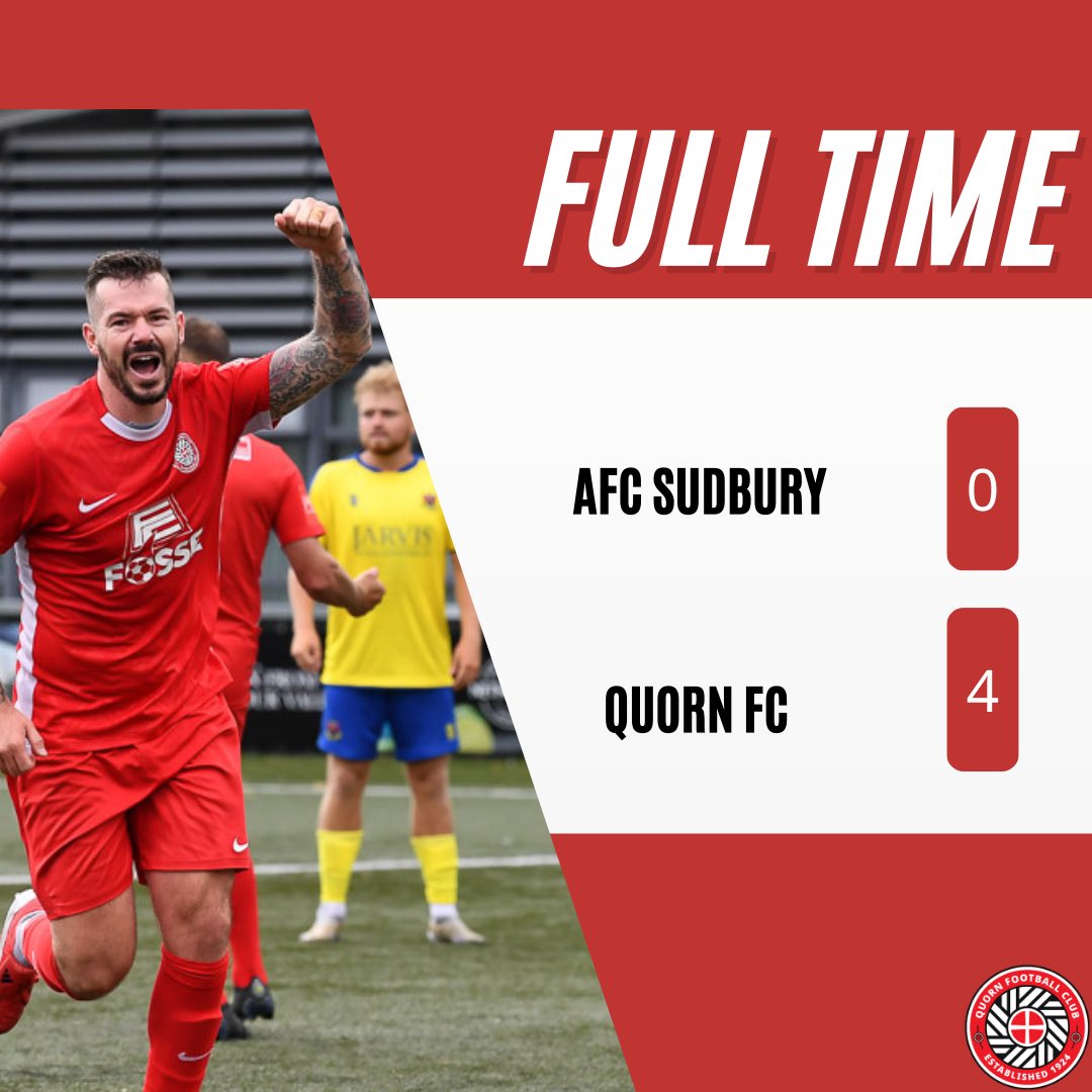 Full time: <a href="/AFCSudbury/">AFC Sudbury</a> 0-4 Quorn

Another excellent performance from Quorn with goals from Master, Kee, Beswick and Goodson giving us all three points.

We’re straight back into action on Monday at home to <a href="/BarwellFC1992/">Barwell FC</a> 

#WeAreQuorn #QuornFC #TheMethodists⛪ #TheReds🔴