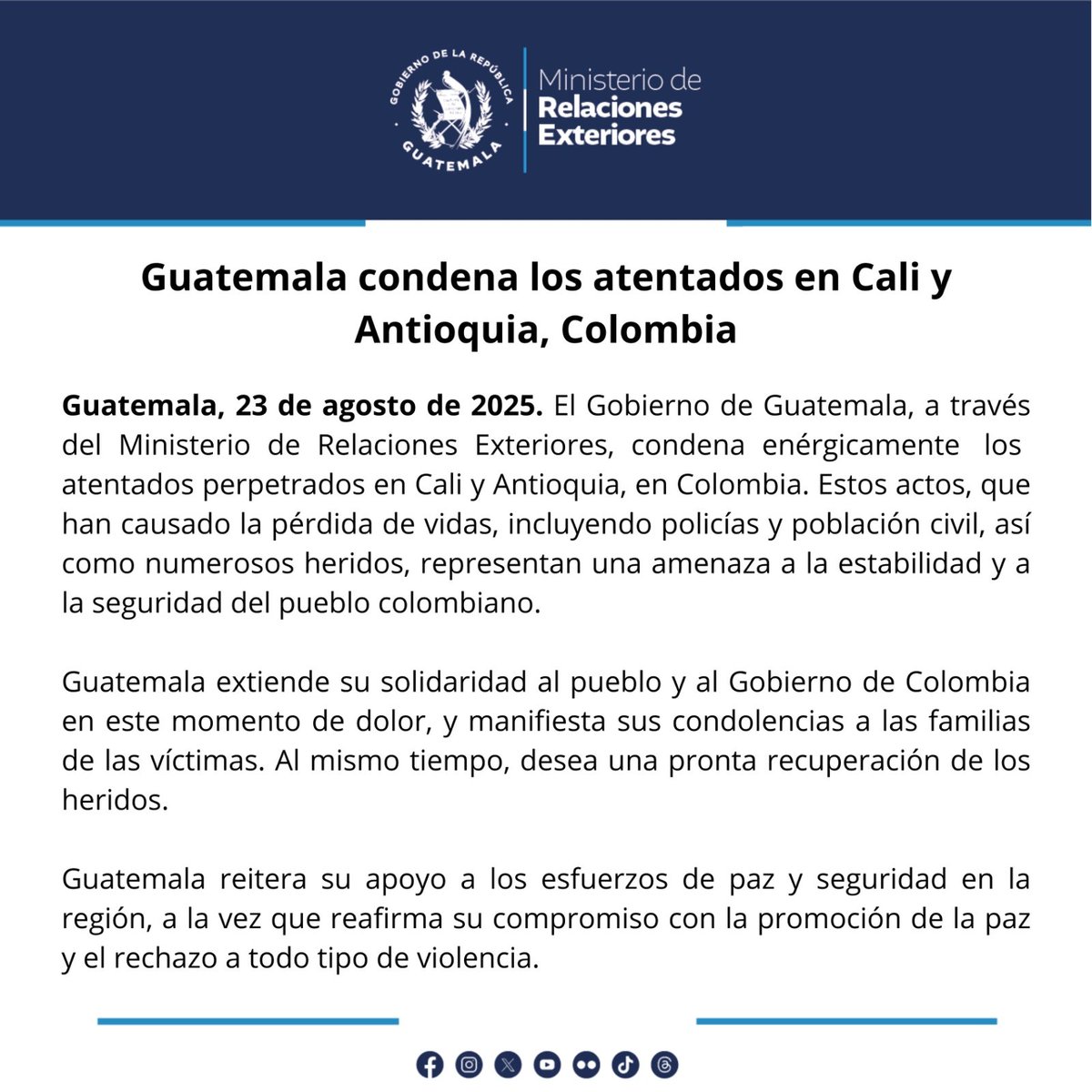 Guatemala condena los atentados en Cali y Antioquia, Colombia.

#Comunicado 🔗  prensa.gob.gt/comunicado/gua… <a href="/infopresidencia/">Presidencia Colombia 🇨🇴</a>