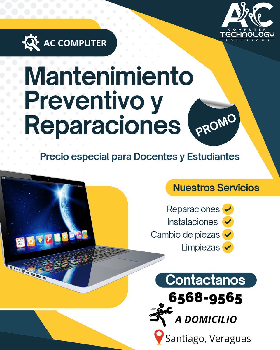 💻 Computer Technology Solutions 🔊

@computersolutionsa.c

Servicios:
• Mantenimiento
• Diagnóstico y Reparación
• Instalación de Programas
• Configuración y Cambio de piezas
• Mucho más

📍 Santiago de Veraguas.

Atendemos a domicilio
📲 6568-9565