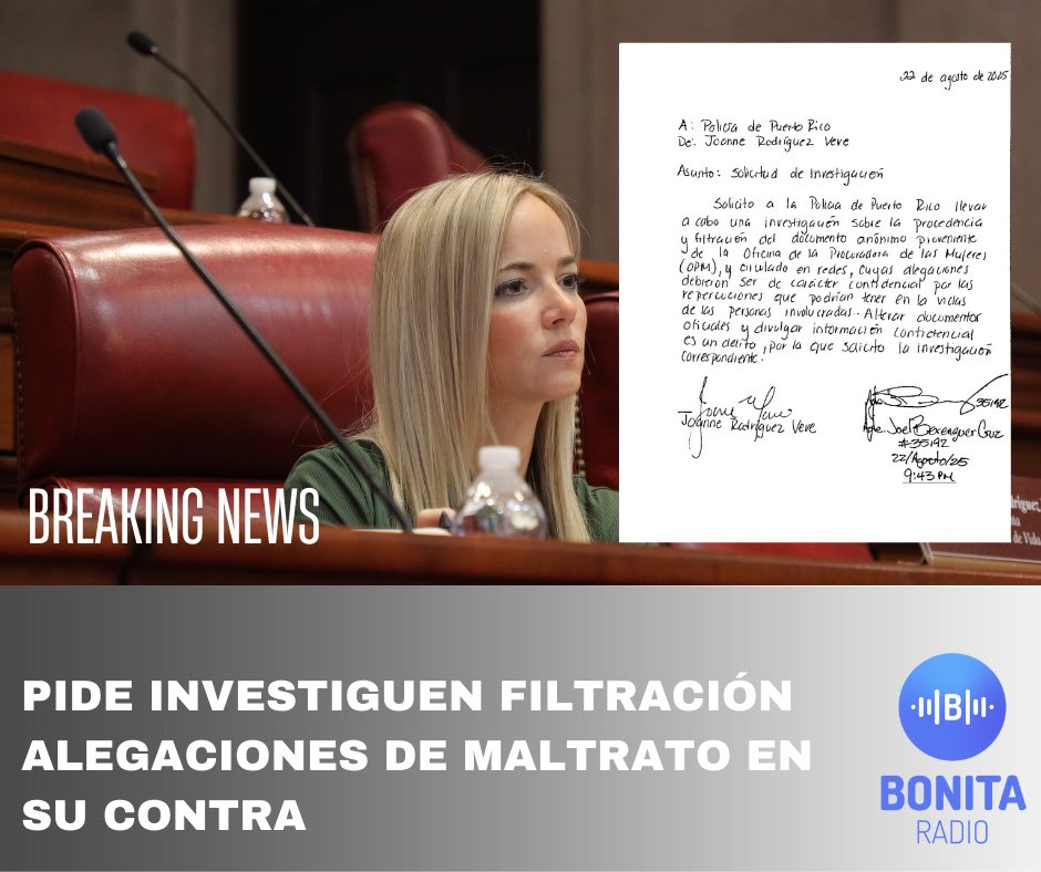 Una carta a puño y letra, divulgada hoy por la periodista Génesis Ibarra Vázquez en END, con la firma de la senadora <a href="/rodriguez_veve/">JoanneRodríguezVeve</a> solicita una investigación de <a href="/PRPDNoticias/">Policía Puerto Rico</a> sobre la filtración del documento que relata eventos de maltrato de parte de Carlos Mercader contra la