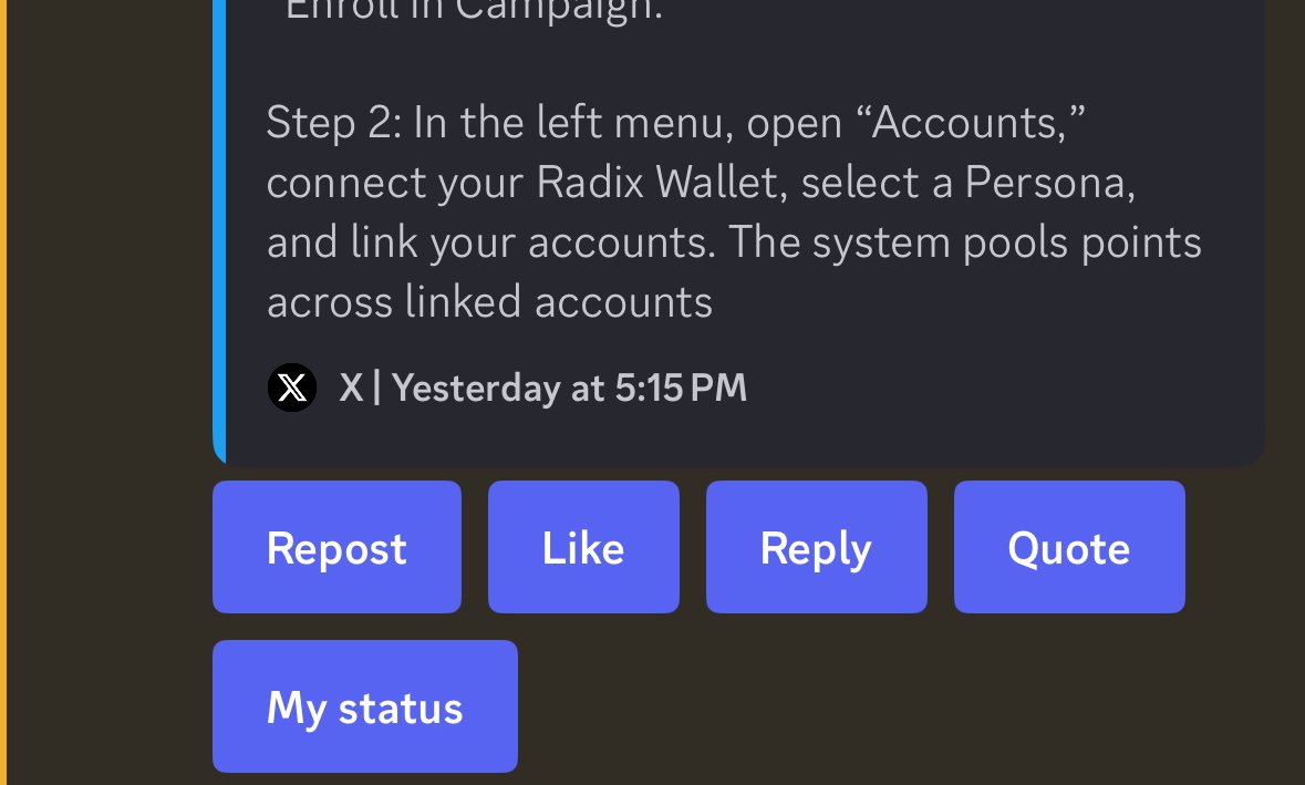 XRDEGEN (@xrdegens) on Twitter photo It’s the weekend!
Don’t waste time jumping between socials.
You can engage with every post from <a href="/radixdlt/">Radix - Radically Different DeFi</a> w/o ever leaving our discord server…
AND YOU GET REWARDED 🤯
Stop wasting your time
Engage smarter w/XRDegen Labs
tinyurl.com/xrdegen
#xrd #EngageToEarn It’s the weekend!
Don’t waste time jumping between socials.
You can engage with every post from <a href="/radixdlt/">Radix - Radically Different DeFi</a> w/o ever leaving our discord server…
AND YOU GET REWARDED 🤯
Stop wasting your time
Engage smarter w/XRDegen Labs
tinyurl.com/xrdegen
#xrd #EngageToEarn