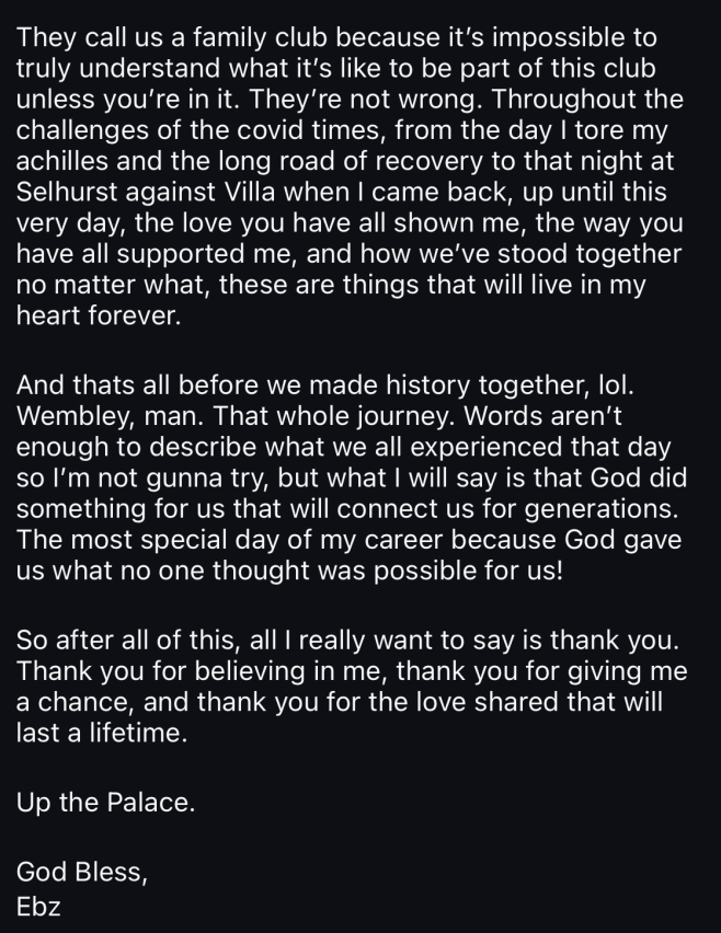 ThePalaceWay's tweet photo. Eberechi Eze's goodbye message on Instagram 🥹

I just love this man.

#CPFC https://t.co/wx58uvYSzH