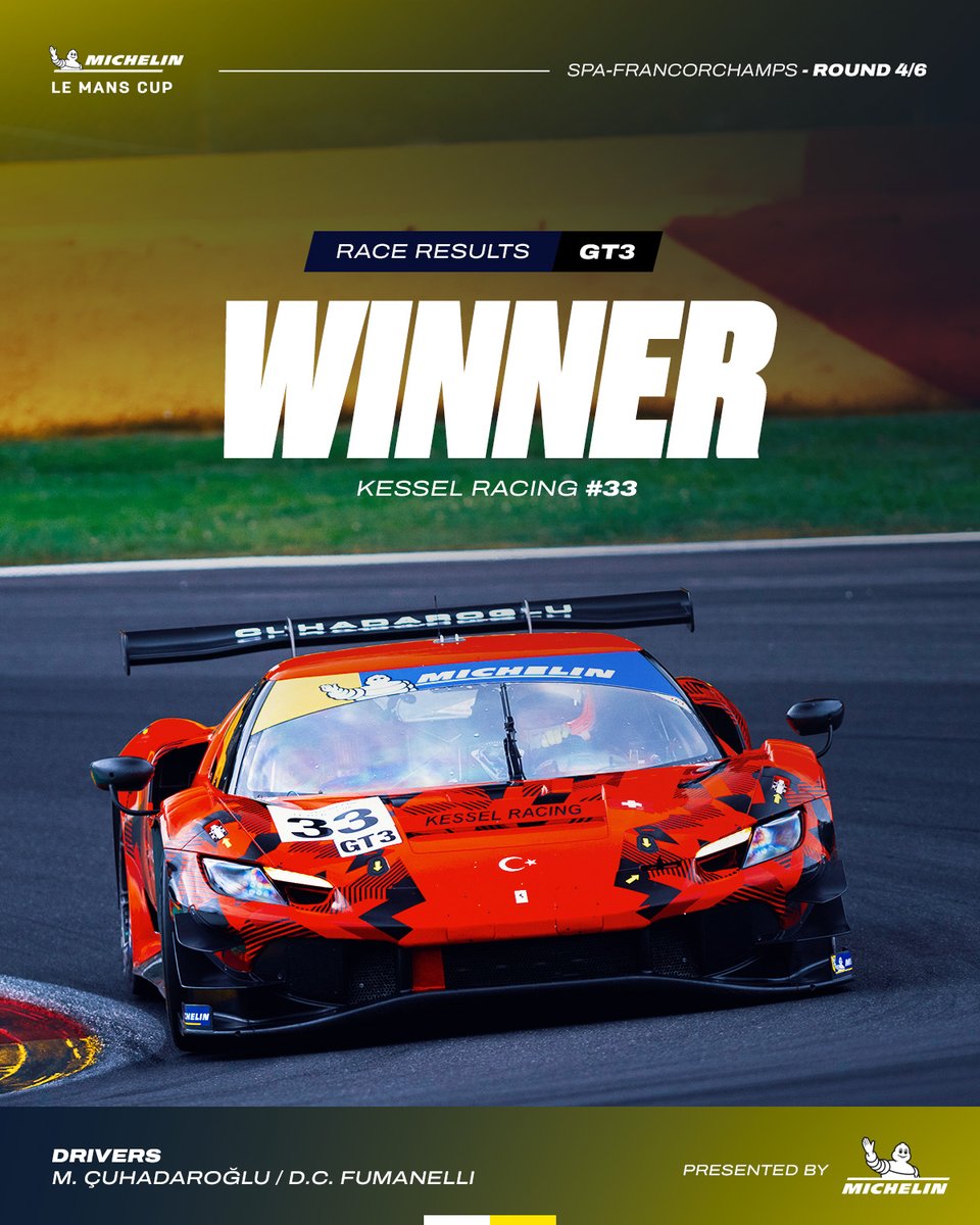 LeMansCup's tweet photo. .@kessel_ch takes the GT3 win! 🏁

The No.33 Ferrari 296 GT3 delivered a stellar drive to secure victory at @circuitspa!

#LMC #Michelin #SpaRound https://t.co/whyO1Jqz5O