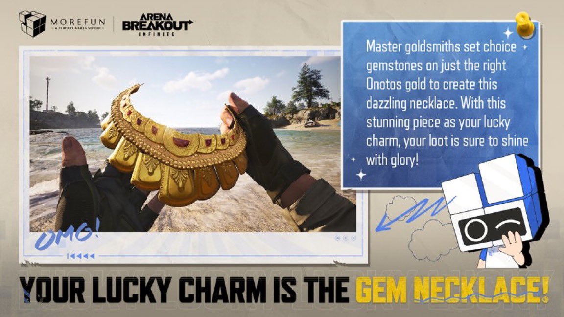 117NotDev's tweet photo. My Kamona Lucky Charm is the Gem Necklace!
Follow @MoreFunStudios and  @ArenaBreakoutPC to learn about the thrills in Arena Breakout: Infinite! 

🎮Download now at https://t.co/5lFq7r0Bdj

#ArenaBreakoutInfinite 
#KamonaLuckyCharm https://t.co/kuvTAcgQli