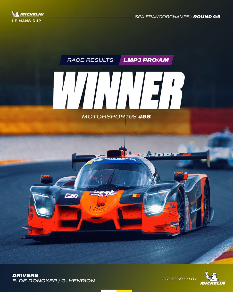 LeMansCup's tweet photo. Motorsport98 is your LMP3 Pro/Am winner at Spa!

The No.98 Ligier JS P325 takes victory in the LMP3 Pro/Am category, a first victory for the Belgian team this year. Congratulations! 👏

#LMC #Michelin #SpaRound https://t.co/Eq6uvzAXq1