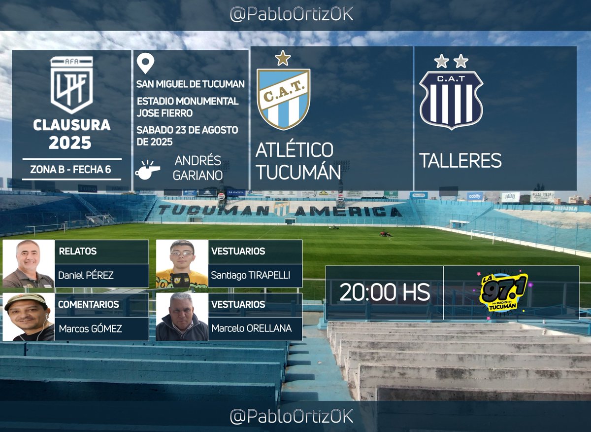 #TorneoClausura | #AtléticoTucumán vs. #Talleres
🎙️ Relata: <a href="/EldaniperezOK/">Daniel Marcelo Pérez</a>
🎙 Comenta: <a href="/profemarcostuc/">Profe Marcos</a>
📔 Vestuarios: Santiago Tirapelli y <a href="/MarceOrellana70/">Marcelo Orellana</a>
📻: <a href="/RadioTucuman971/">🎤 La 97.1 RadioTucumán</a>
<a href="/SDeportivamente/">SabeloDeportivamente</a>