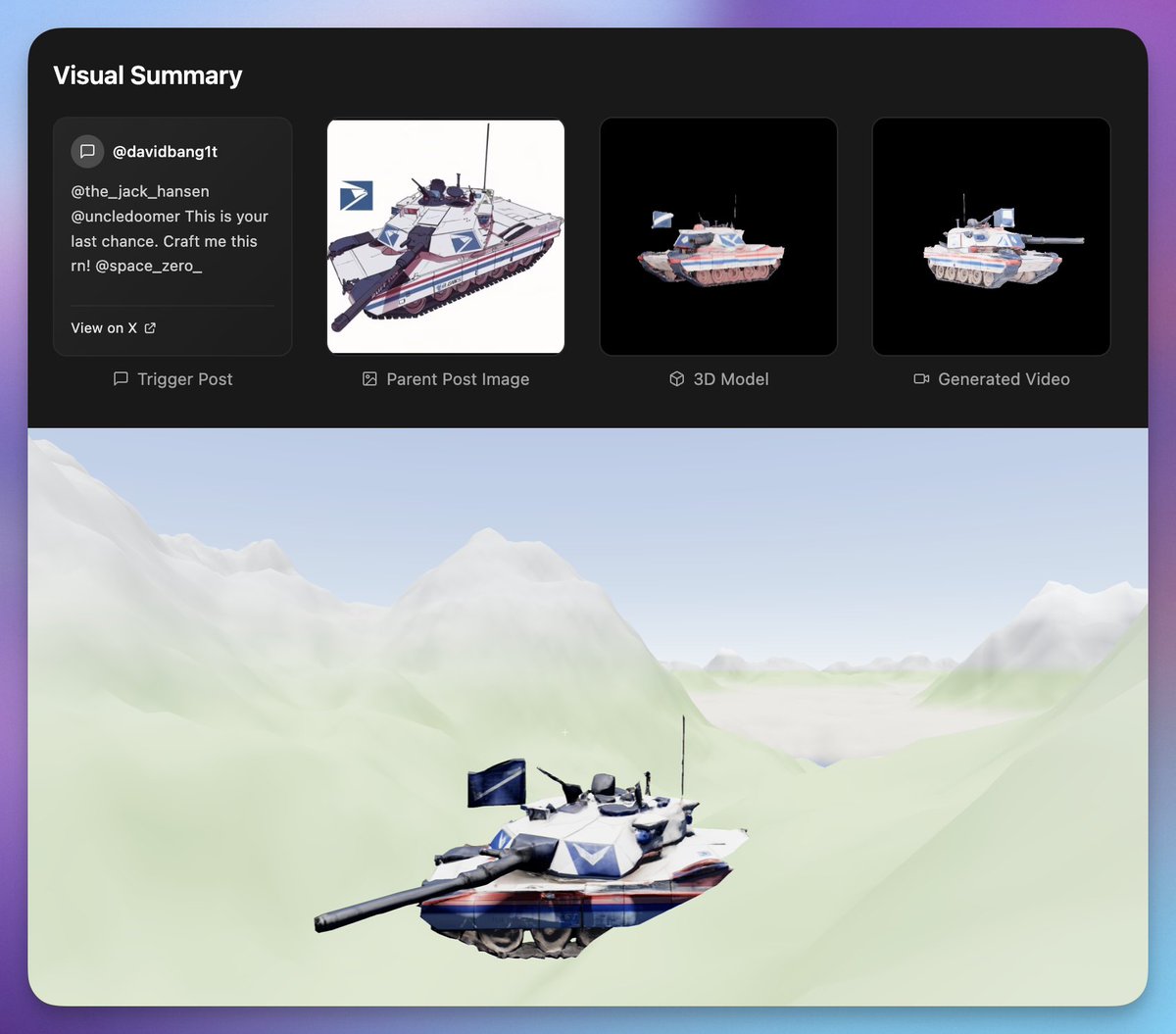 David Bang 💥 (@davidbang1t) on Twitter photo Found this random USPS edition M1 Abrams on the timeline… Turned it into a 3D model and dropped it in my room lol. You can tag <a href="/space_zero/">space ZERO</a> with "craft me this" to do the same. #threejs Found this random USPS edition M1 Abrams on the timeline… Turned it into a 3D model and dropped it in my room lol. You can tag <a href="/space_zero/">space ZERO</a> with "craft me this" to do the same. #threejs