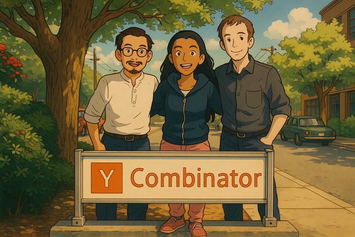 Y Combinatorの看板の前に立つ多様な創業者たちのイラスト
