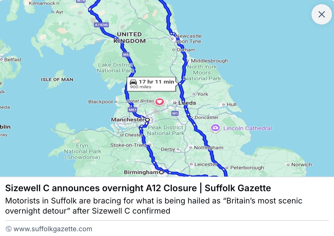 Not true just feels true: “We could have put a simple 12mile diversion in place” said #SizewellC “but frankly that wouldn’t have showcased Britain’s motorway service stations, and people would miss out on the opportunity to accidentally end up in Scotland”
suffolkgazette.com/sizewell-c-ann…