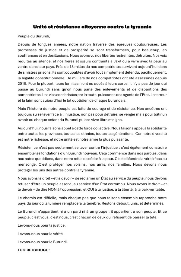 Le #Burundi n'appartient ni à un parti ni à un groupe : il appartient à son peuple. Et ce peuple c'est vous, c'est nous, c'est chacun de ceux qui refusent de baisser la tête.

Levons-nous pour la justice!
Levons-nous pour la vérité!
Levons-nous pour le Burundi!