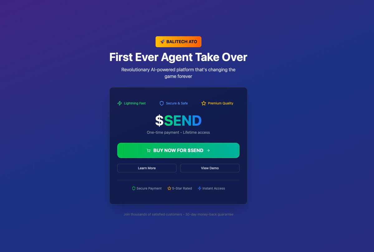 AI 构建的应用截图，展示 Balitech ATO 与 $SEND 支付选项