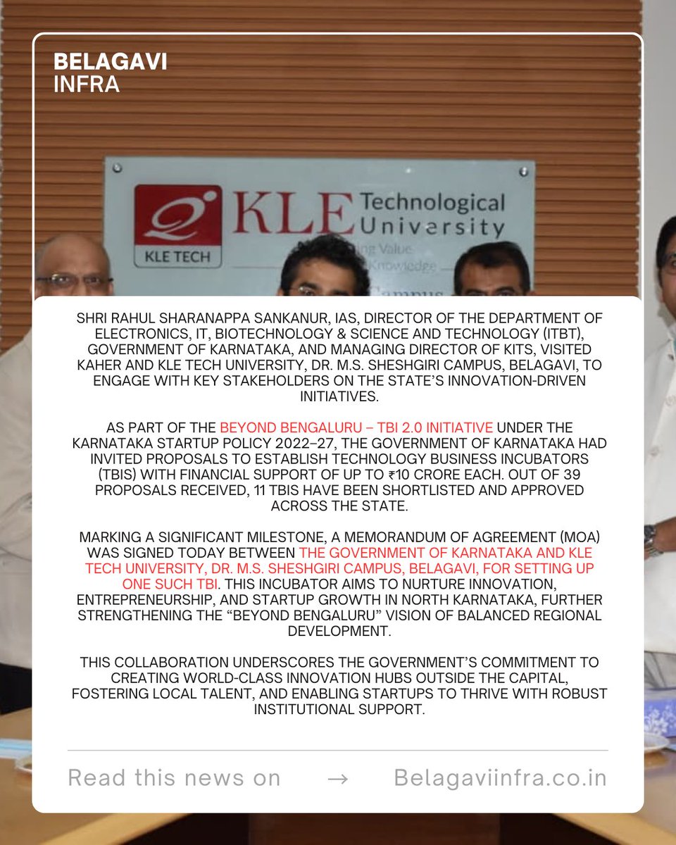 Belagavi Infra.co.in (@belagavi_infra) on Twitter photo Government of Karnataka signs MOA with KLE Tech University for setting up a Technology Business Incubator (TBI) in Belagavi
ಬೆಳಗಾವಿಯಲ್ಲಿ ತಂತ್ರಜ್ಞಾನ ವ್ಯವಹಾರ ಇನ್ಕ್ಯೂಬೇಟರ್ (TBI) ಸ್ಥಾಪನೆ – ಕರ್ನಾಟಕ ಸರ್ಕಾರ ಮತ್ತು ಕೆಎಲ್ಇ ಟೆಕ್ ವಿಶ್ವವಿದ್ಯಾಲಯದ ನಡುವೆ ಒಪ್ಪಂದ
<a href="/ITBTGoK/">ITBT Karnataka</a> | <a href="/PriyankKharge/">Priyank Kharge / ಪ್ರಿಯಾಂಕ್ ಖರ್ಗೆ</a> Government of Karnataka signs MOA with KLE Tech University for setting up a Technology Business Incubator (TBI) in Belagavi
ಬೆಳಗಾವಿಯಲ್ಲಿ ತಂತ್ರಜ್ಞಾನ ವ್ಯವಹಾರ ಇನ್ಕ್ಯೂಬೇಟರ್ (TBI) ಸ್ಥಾಪನೆ – ಕರ್ನಾಟಕ ಸರ್ಕಾರ ಮತ್ತು ಕೆಎಲ್ಇ ಟೆಕ್ ವಿಶ್ವವಿದ್ಯಾಲಯದ ನಡುವೆ ಒಪ್ಪಂದ
<a href="/ITBTGoK/">ITBT Karnataka</a> | <a href="/PriyankKharge/">Priyank Kharge / ಪ್ರಿಯಾಂಕ್ ಖರ್ಗೆ</a>