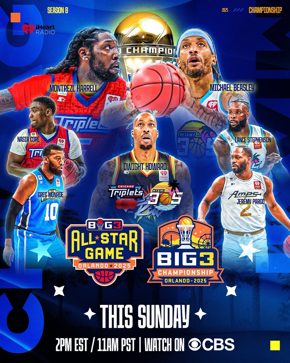 thebig3's tweet image. Biggest stage of the season. Biggest names in the game. The BIG3 Championship and All-Star Game go down Sunday at 2 PM ET on @cbssports. 🔥 @iheartradio @llcoolj