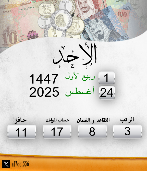 تاريخ اليوم الاحد الموافق: 1/3/1447
موعد إيداع الراتب الاربعاء الموافق: 4/3/1447
الأيام المتبقية لإيداع الراتب: 3 ايام
